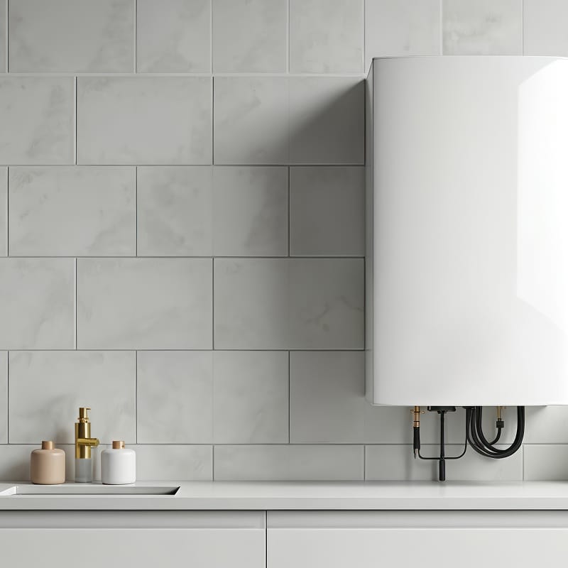 Chauffe-eau mural blanc moderne sur carrelage gris clair. Plomberie et accessoires épurés visibles sur un comptoir de cuisine.