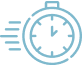 Icône d'horloge bleue stylisée avec lignes de vitesse, symbolisant rapidité, efficacité et optimisation du temps.