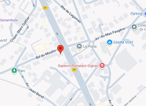 Carte de Gignac, France, avec un marqueur rouge sur le Bd du Moulin, D9. Points d'intérêt: Sapeurs-Pompiers Gignac, La Poste, GAMM VERT, Parc.