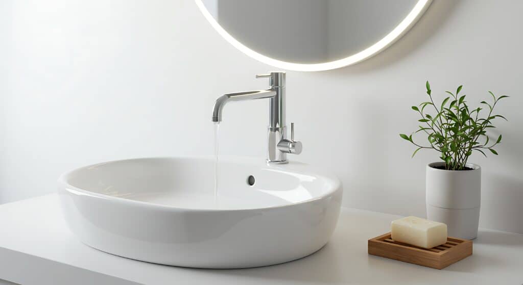 Lavabo de salle de bain moderne blanc avec robinet chromé d'où coule de l'eau. Miroir circulaire lumineux, plante verte, et savon sur porte-savon en bois.